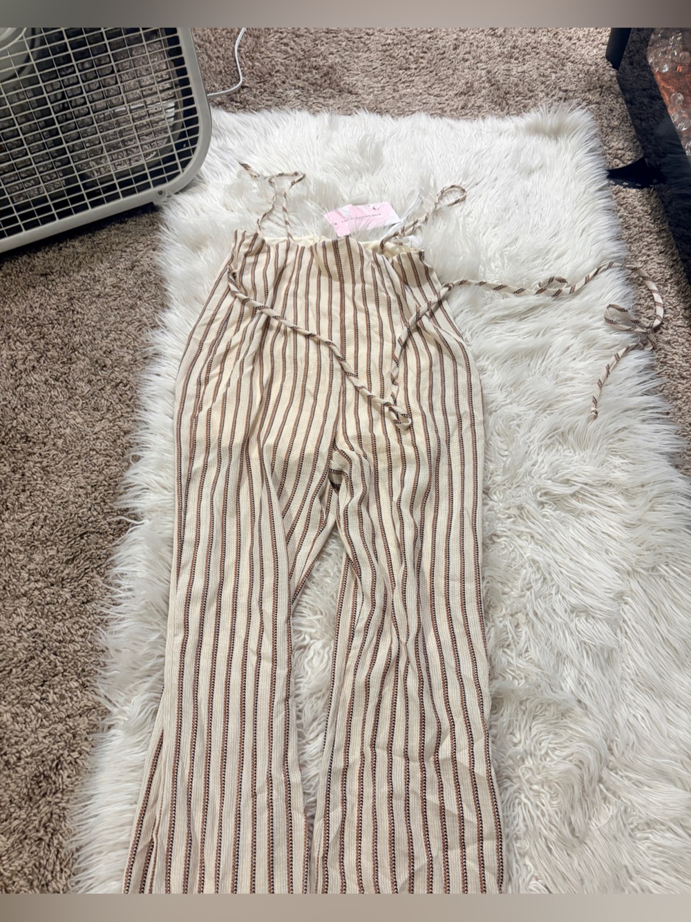 Miss Lola Cream and Brown Striped Wide-Leg Jumpsuit